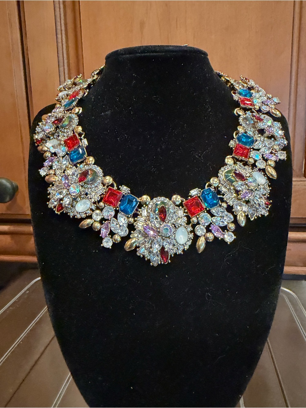 Gold-Tone Multicolor Crystal Collar Necklace - Red & Blue Accents